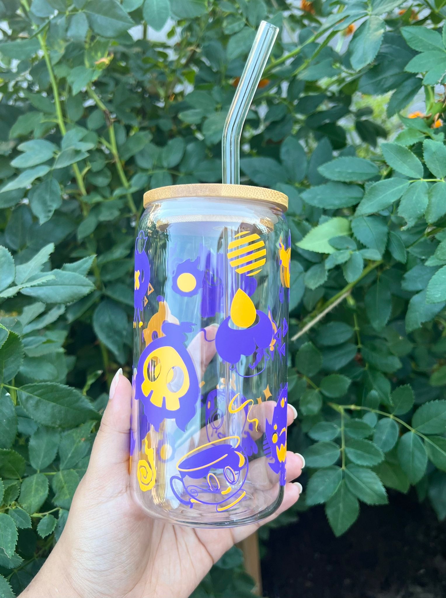 Halloween Ghost-Type Pokémon Beer Can Glass | 16oz | Bamboo Lid & Reusable Glass Straw