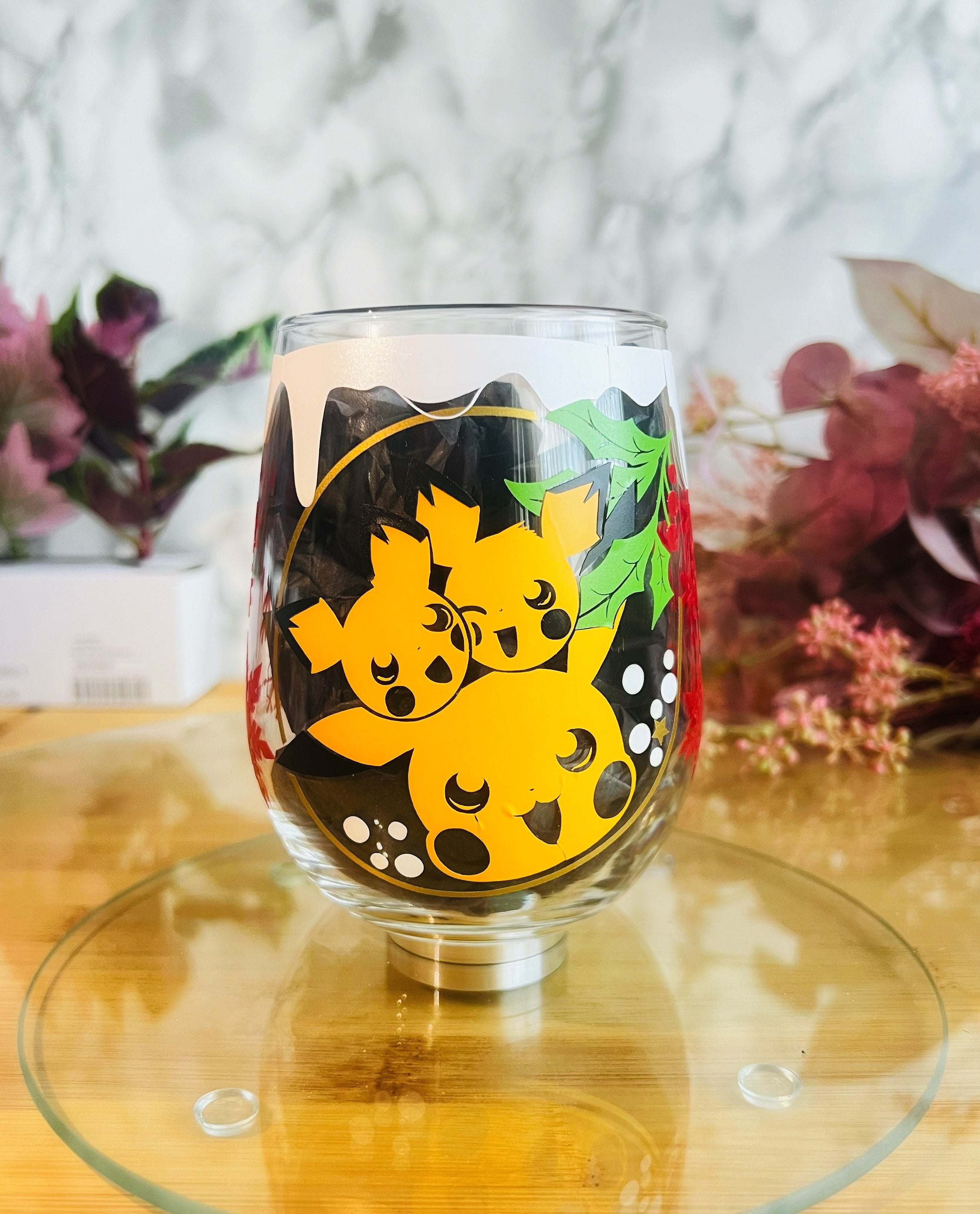 Pokémon Pichu Brothers & Pikachu Christmas Wine Glass | Handmade | Holiday Special