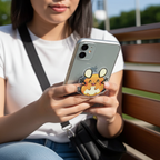 Person holding a phone with a cute dedenne phone grip, sitting outdoors.