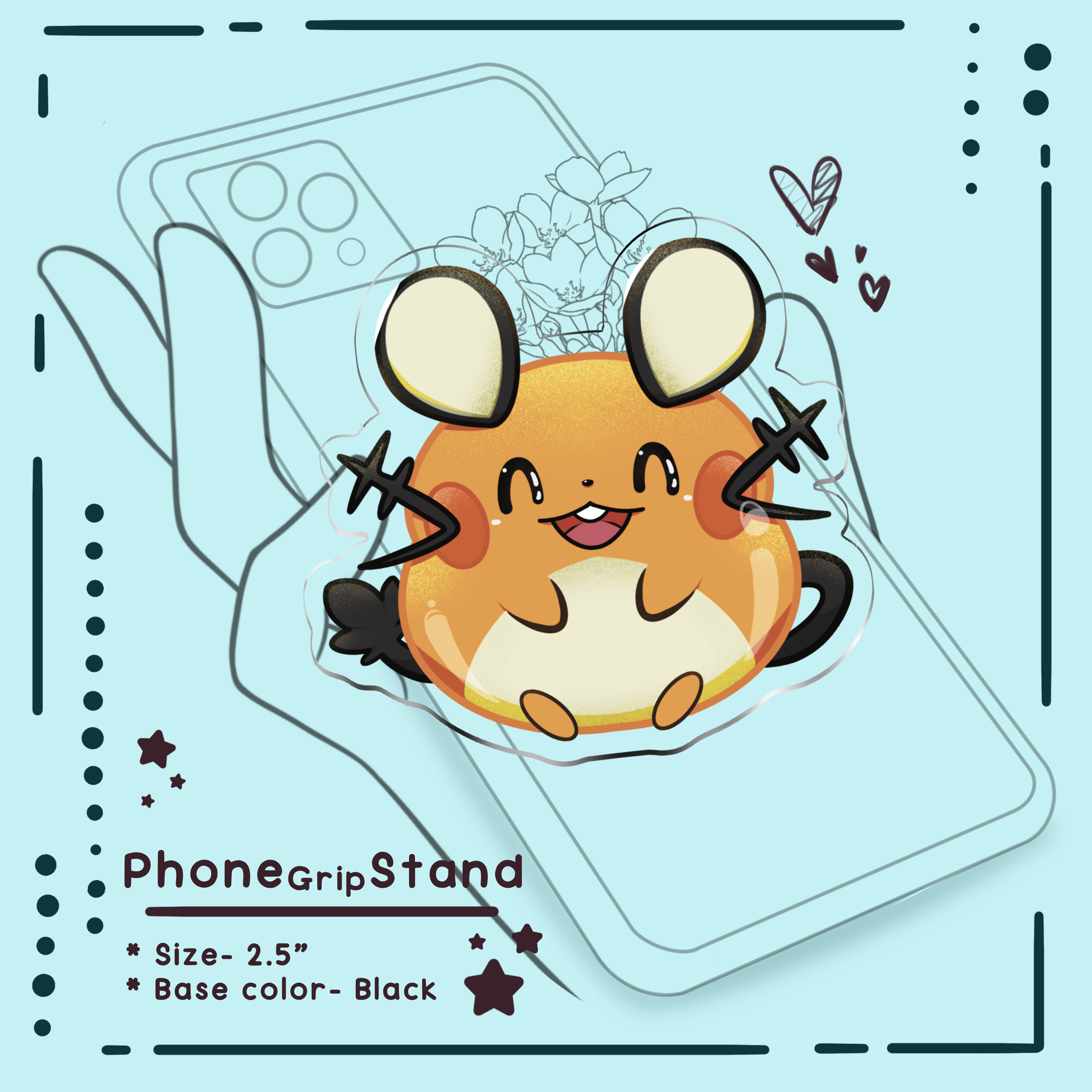 Phone grip stand with Pokemon character design on a light blue background, Pokémon-inspired handmade anime 